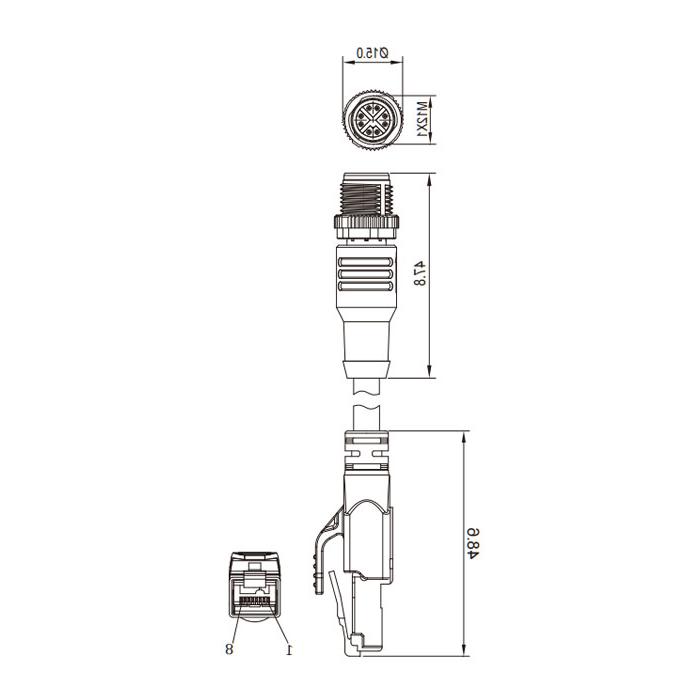 M12 8Pin直公（x码）/RJ45公，双端预接线 cast PVC non flexible cable、With shielding、蓝色的 sheath、Ethernet Cat.6a 10Gbps, 0CF463-XXX